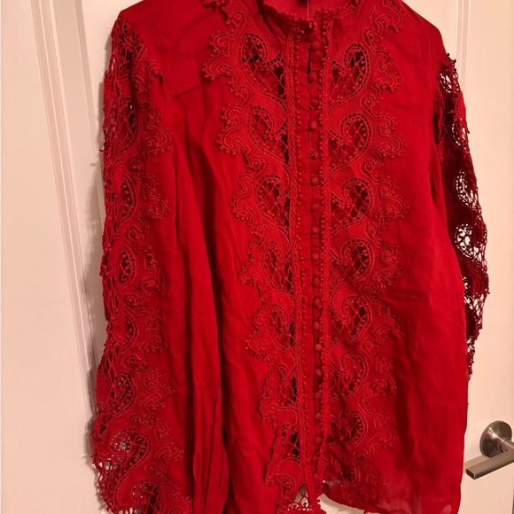 Boston Proper Womens Drama Sleeve Shirt Sz L Mock Neck Button Front Texture Lace - Picture 5 of 16